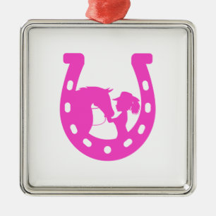 Meisje met paardenpaars en Western Pet met warmroz Metalen Ornament