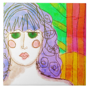 Meisje met Paarse Haar Abstract Digitaal Schildere Tegeltje