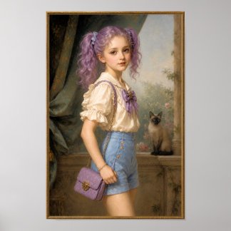Meisje met paarse kleur en Siamese kat Poster