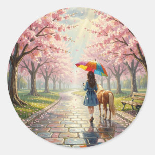 Meisje met paraplu en pony in regenachtig park ronde sticker