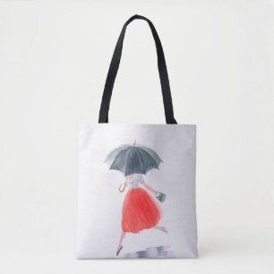 Meisje met paraplu in de regen. mode illustratie. draagtas