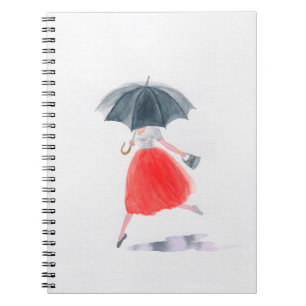 Meisje met paraplu in de regen. mode-illustratie. notitieboek
