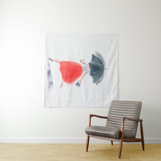 Meisje met paraplu in de regen. mode illustratie. wandkleed (In Situ (horizontaal))