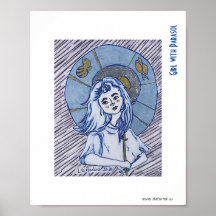 Meisje met parasol, blauw inktportret op witte pap
