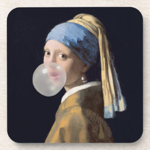 Meisje met parel oorbel blazen van een bubble gum bier onderzetter
