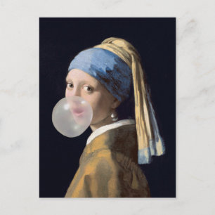 Meisje met parel oorbel die een kauwgomblaas blaas briefkaart