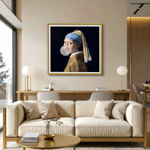 Meisje met parel oorbel die een kauwgomblaas blaas perfect poster