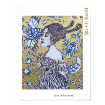 Meisje met Peacock golden and ink tekening portret