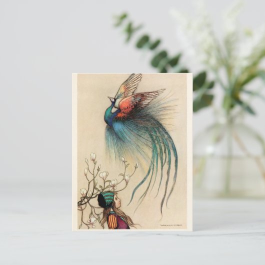 Meisje met Peacock schilderij Briefkaart (Staand voorkant)