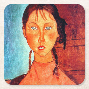Meisje met pigtails, Modigliani Vierkante Kartonnen Onderzetter