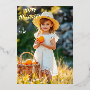 Meisje met pompoenmand Gelukkig Halloween Folie Uitnodiging