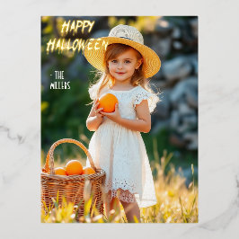 Meisje met pompoenmand Halloween Folie Uitnodiging Briefkaart