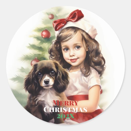 Meisje met puppy Kerst sticker (Voorkant)