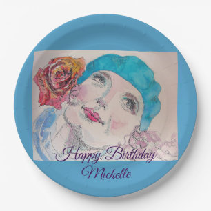 Meisje met Red Rose Beret Waterverf Birthday Kaart Papieren Bordje