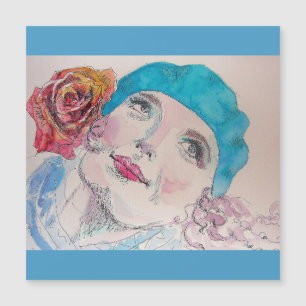 Meisje met Red Rose Beret Waterverf Magnetic Card