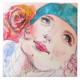 Meisje met Red Rose Beret Waterverf Magnetic Card Tegeltje