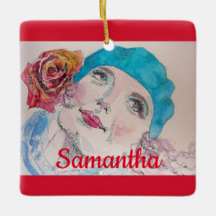 Meisje met Red Rose Beret Waterverf Meisjesnaam Keramisch Ornament