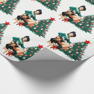 meisje met rode laarzen en kerstbomen cadeaupapier