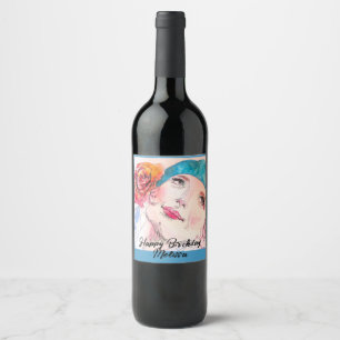 Meisje met Rode Rose Beret Verjaardagsfeestje Vrou Wijn Etiket