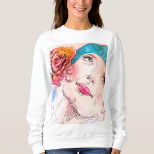 Meisje met Rode Rose Beret Waterverf Meisjes Roze Trui
