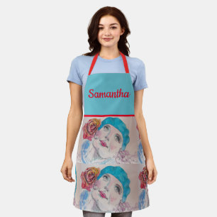 Meisje met rode roze Waterverf Beret Blauwgroen ro Schort
