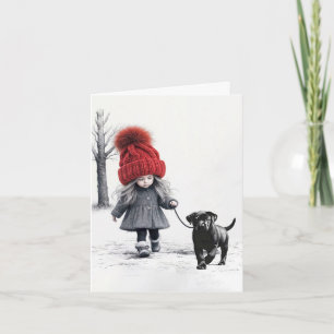 Meisje met rood Pet en puppy Kaart