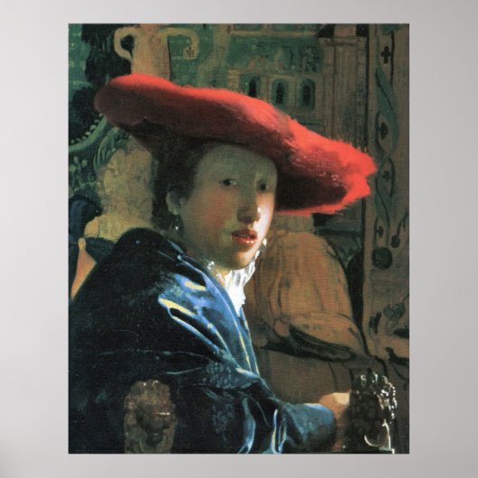 Meisje met rood pet van Johannes Vermeer Poster (Voorkant)
