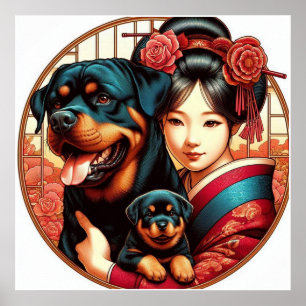 meisje met rottweiler mama en pup poster