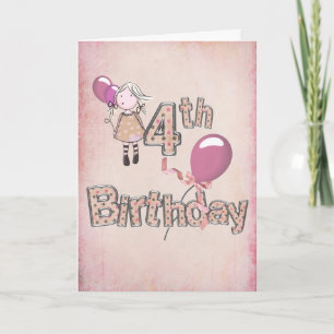 Meisje met roze ballonnen 4e verjaardag kaart