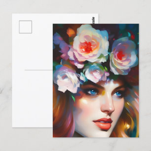 Meisje met roze bloemen op haar hoofd briefkaart