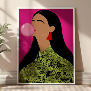 Meisje met roze bubblegum illustratie funky kunst poster