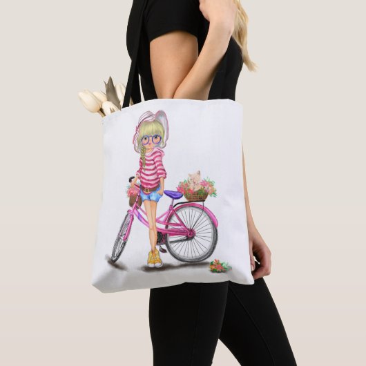 Meisje met roze fiets Canvas tas (Dichtbij)
