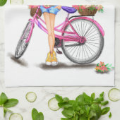Meisje met Roze Fiets Keuken Handdoek (Gevouwen)