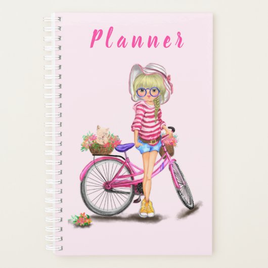 Meisje met roze fietsplanner planner (Voorkant)