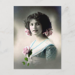 "Meisje met roze rozen" Briefkaart