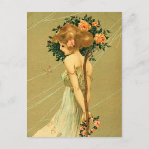   meisje met roze rozen en vlinder briefkaart