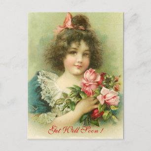 Meisje met roze rozen ,Wordt snel beter Briefkaart
