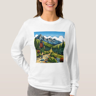 Meisje met rugzak wandelt op een natuurpad t-shirt