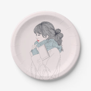 Meisje met sjaal en boek papieren bordje