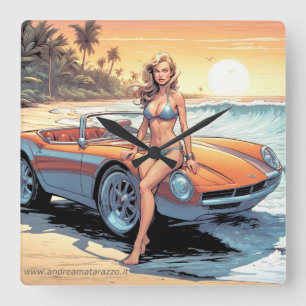 Meisje met sportwagen vierkante klok