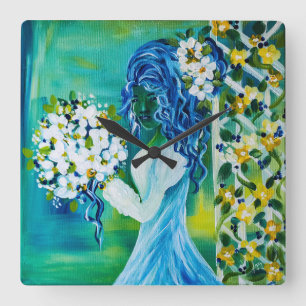 Meisje met Spring Bouquet Vierkante Klok