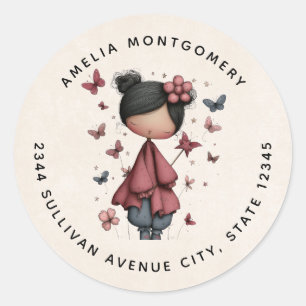 Meisje met toverstaf en vlinders - Adres Ronde Sticker