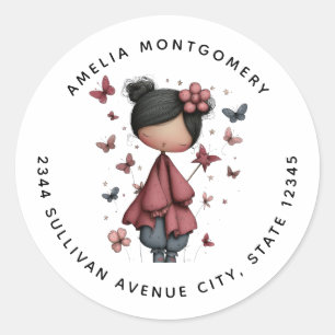Meisje met toverstok en vlinders - Adres Ronde Sticker