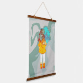 Meisje met Umbrella in Wind Drawing Green Swirl Hangend Wandkleed (Gebogen)