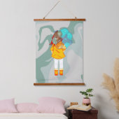 Meisje met Umbrella in Wind Drawing Green Swirl Hangend Wandkleed (Slaapkamer)