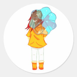 Meisje met Umbrella in Wind Drawing Ronde Sticker