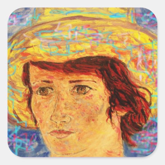 meisje met van gogh pet vierkante sticker (Voorkant)