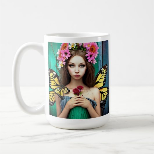 meisje met vlinders en bloemen koffiemok (Links)