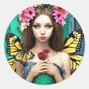 meisje met vlinders en bloemen ronde sticker