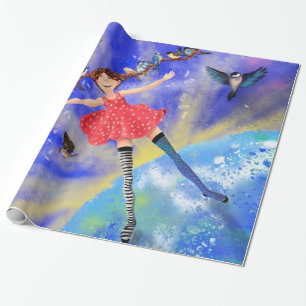 Meisje met vogelwrapping Gift Fantasy Cadeaupapier